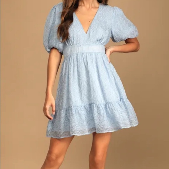 Lulus Dresses & Skirts - Lulus Romantic Waltz Light Blue Organza Puff Sleeve Mini Dress NWT Sz L